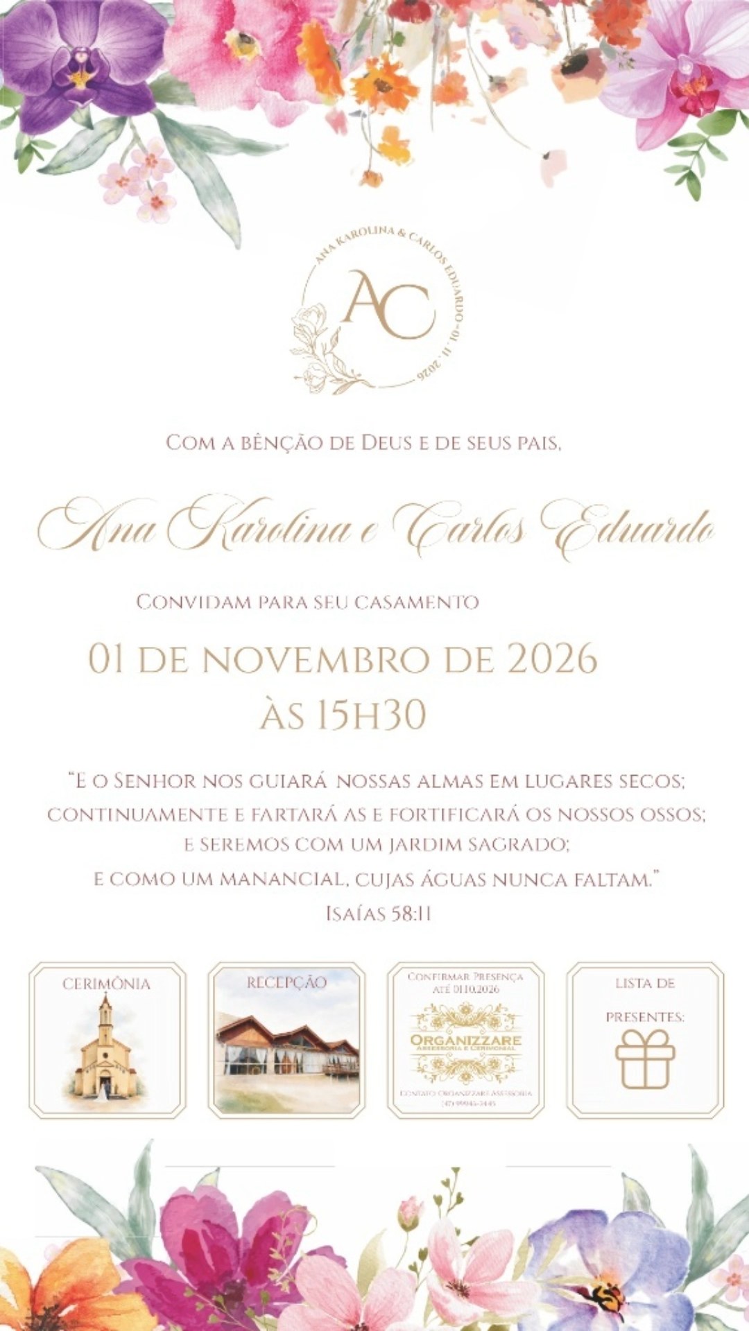 Arte final de um convite de casamento feito na plataforma, com quatro botões marcados sobre a arte.
